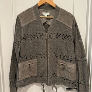 Sundance Embroidered Eyelet Cutout Boho Bomber Jacket size Large L 100% cotton
